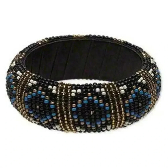 Handcrafted India Beaded Bangle Bracelet Black Gold Blue White Fair Trade - Picture 1 of 1